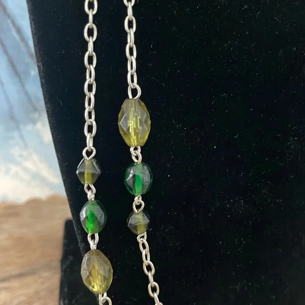 Beaded long necklace glass green silver link chain boho casual